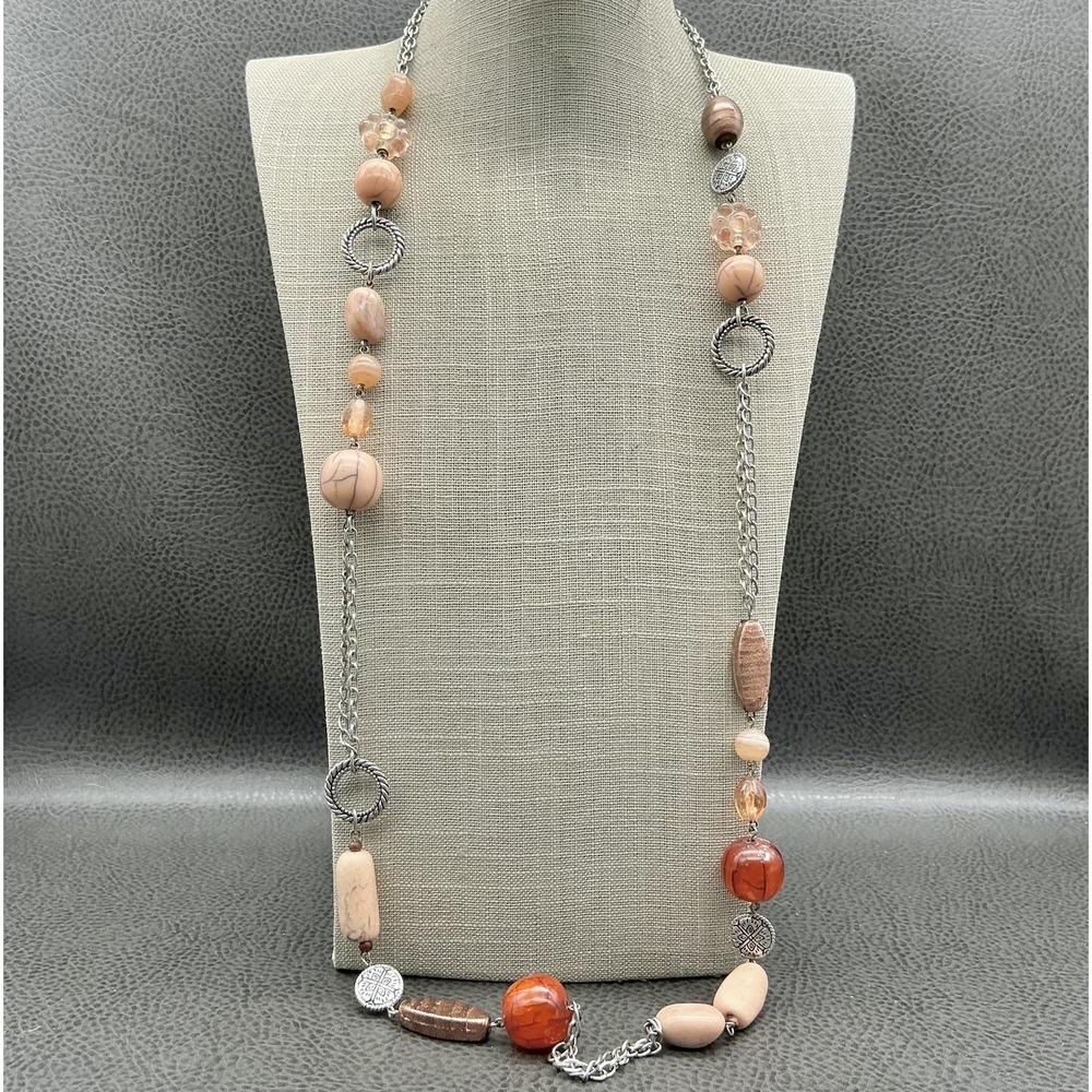 Chicos Necklace Brown Beaded Station 36 Inch Womens Boho Statement Jewelry